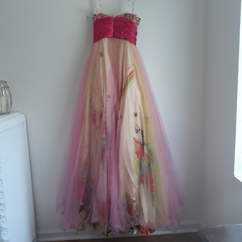 Pink multicolor sequin beaded strapless abstract floral print tulle prom dress - Picture 2 of 8